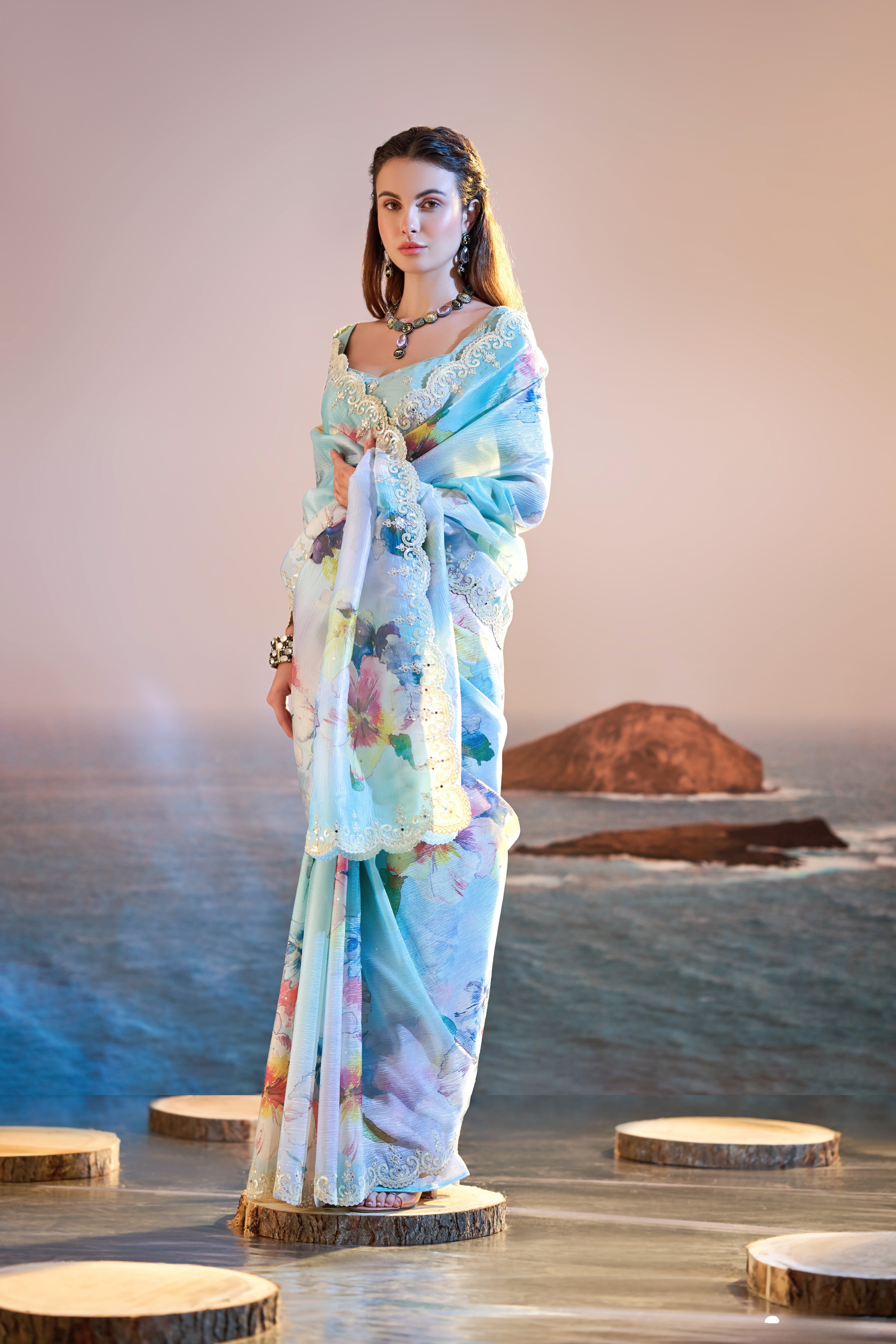 Blue Satin Chiffon Digital Print Cut Work Saree