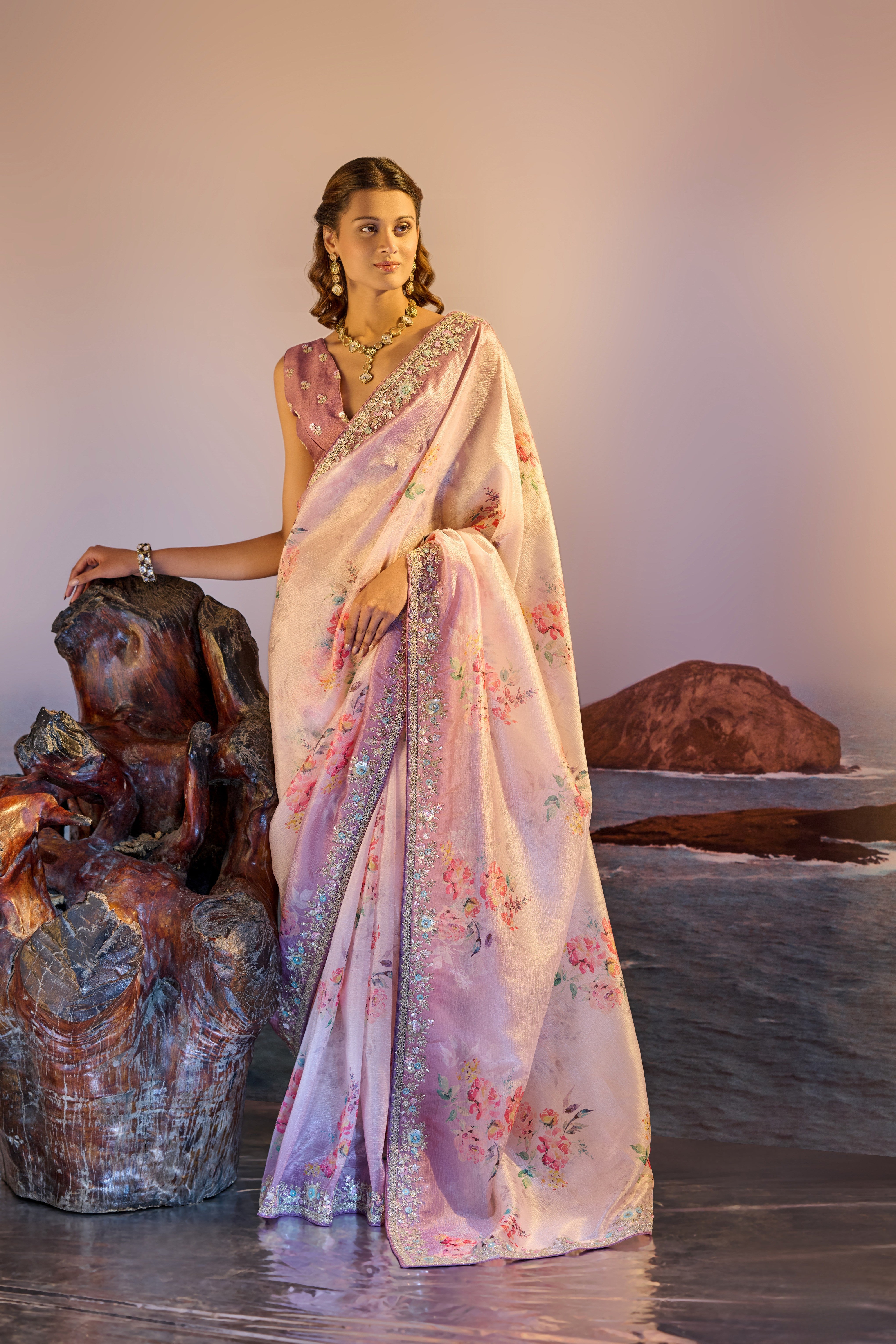Pink Organza Digital Print Cut Work Saree
