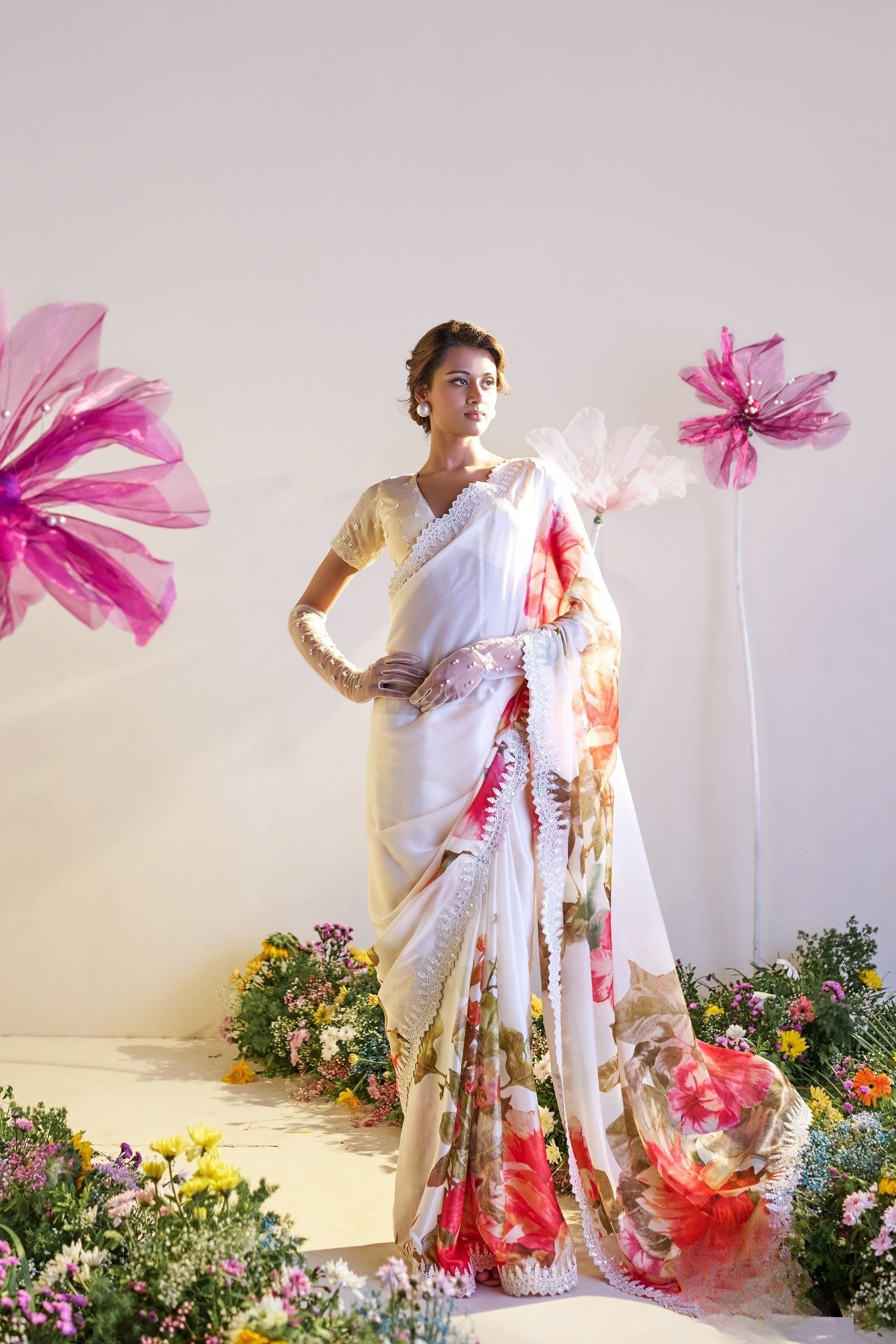 White Satin Digital Print Sequin Saree