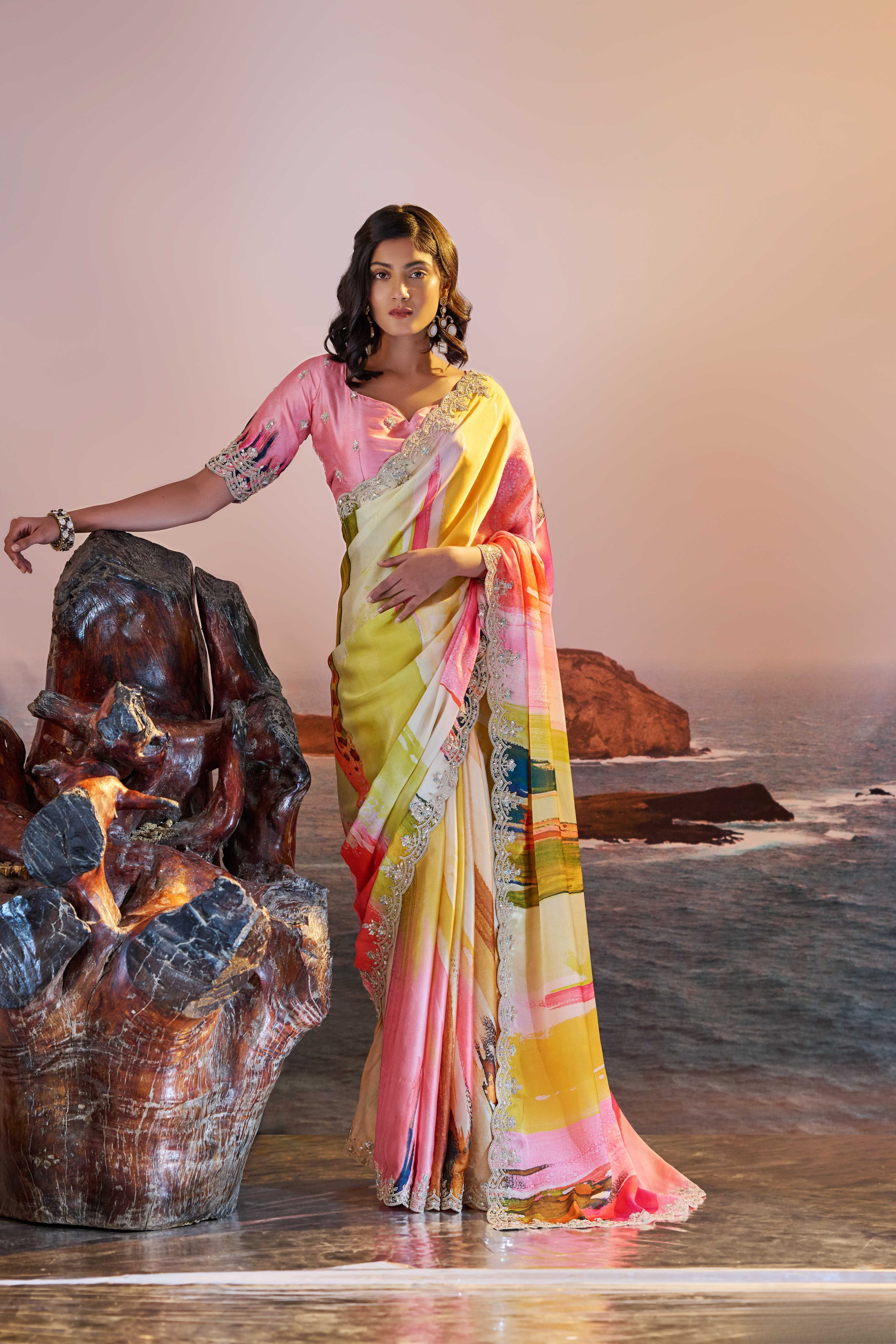 Beige Organza Digital Print Embroidered Saree