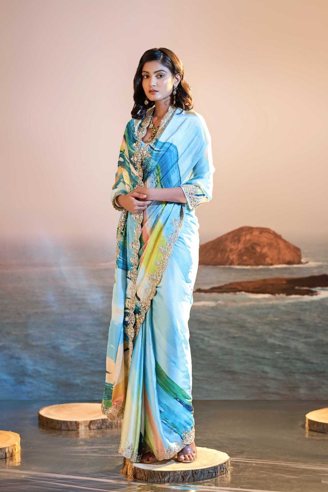Blue Satin Digital Print Sequin Saree