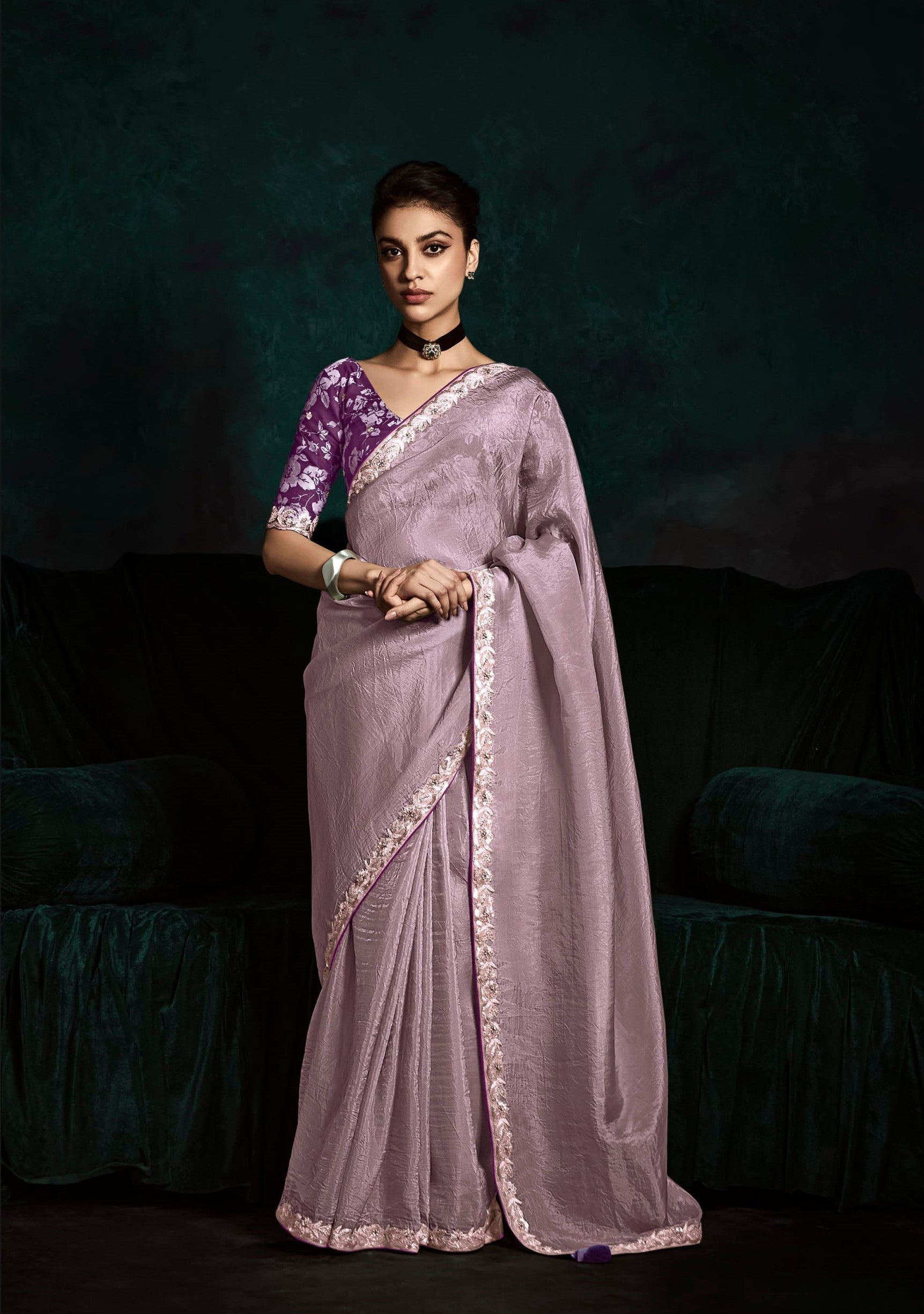 Purple Tissue Organza Embroidered Saree