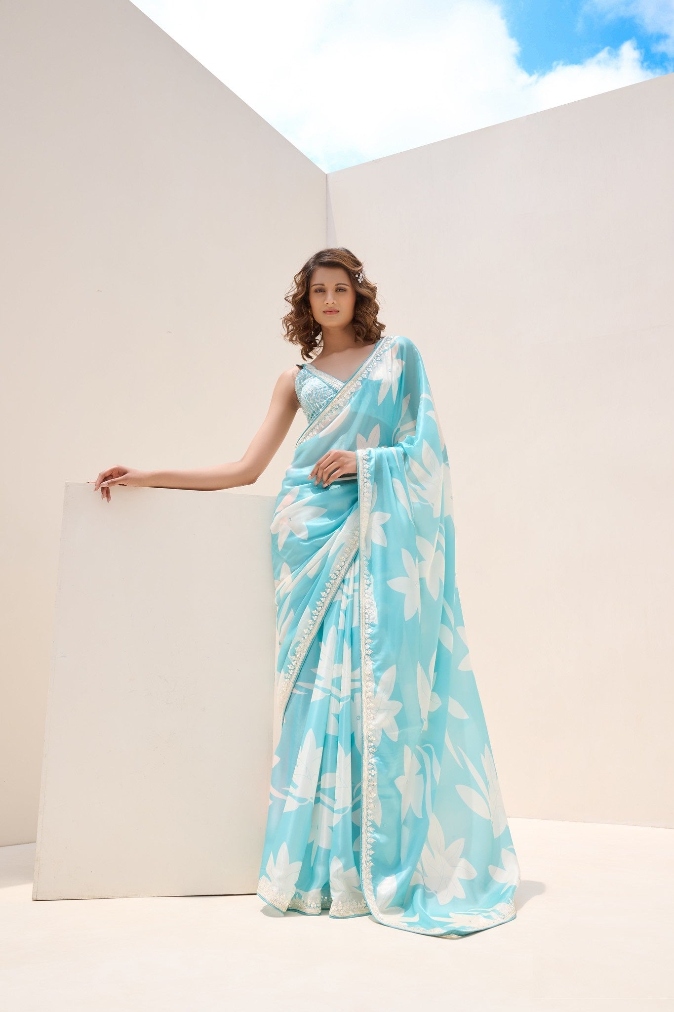 Light Blue Satin Digital Print Party Wear Saree