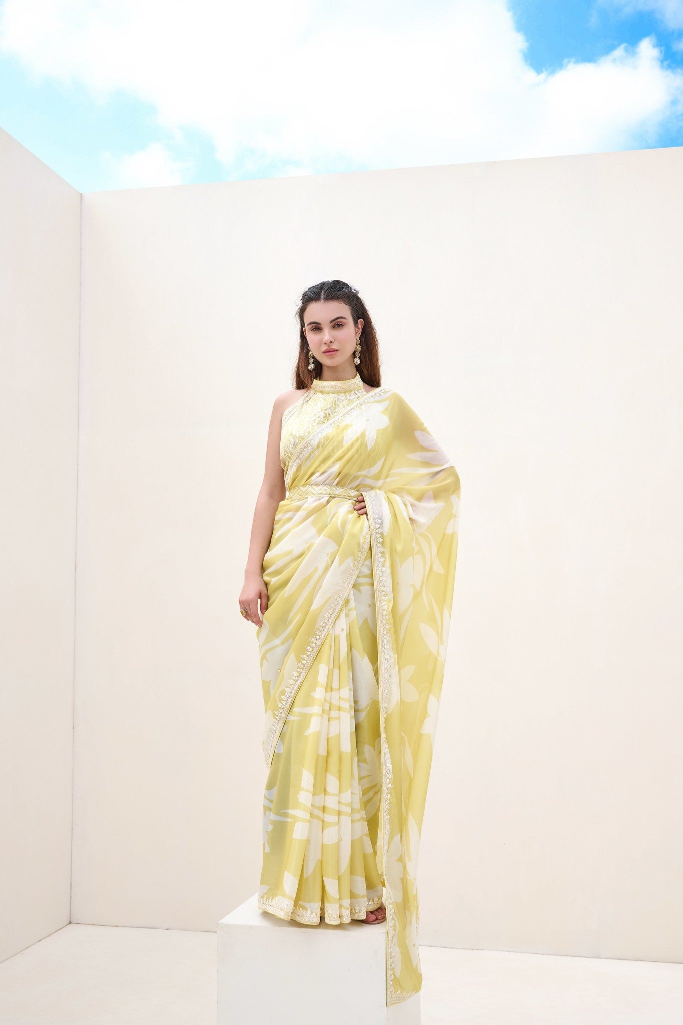 Yellow Satin Digital Print Designer Saree