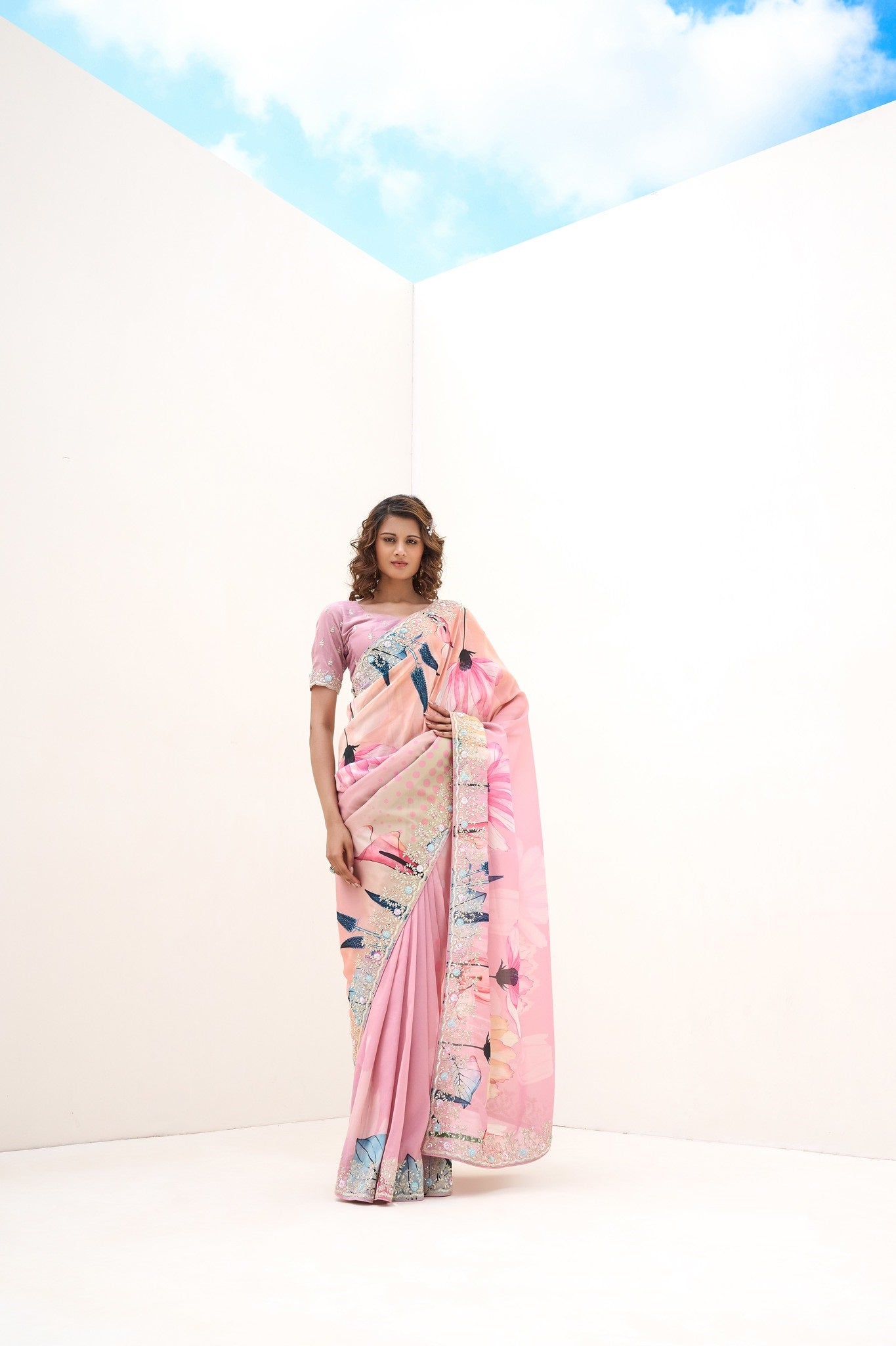 Pink Tissue Zari Digital Print Designer Saree