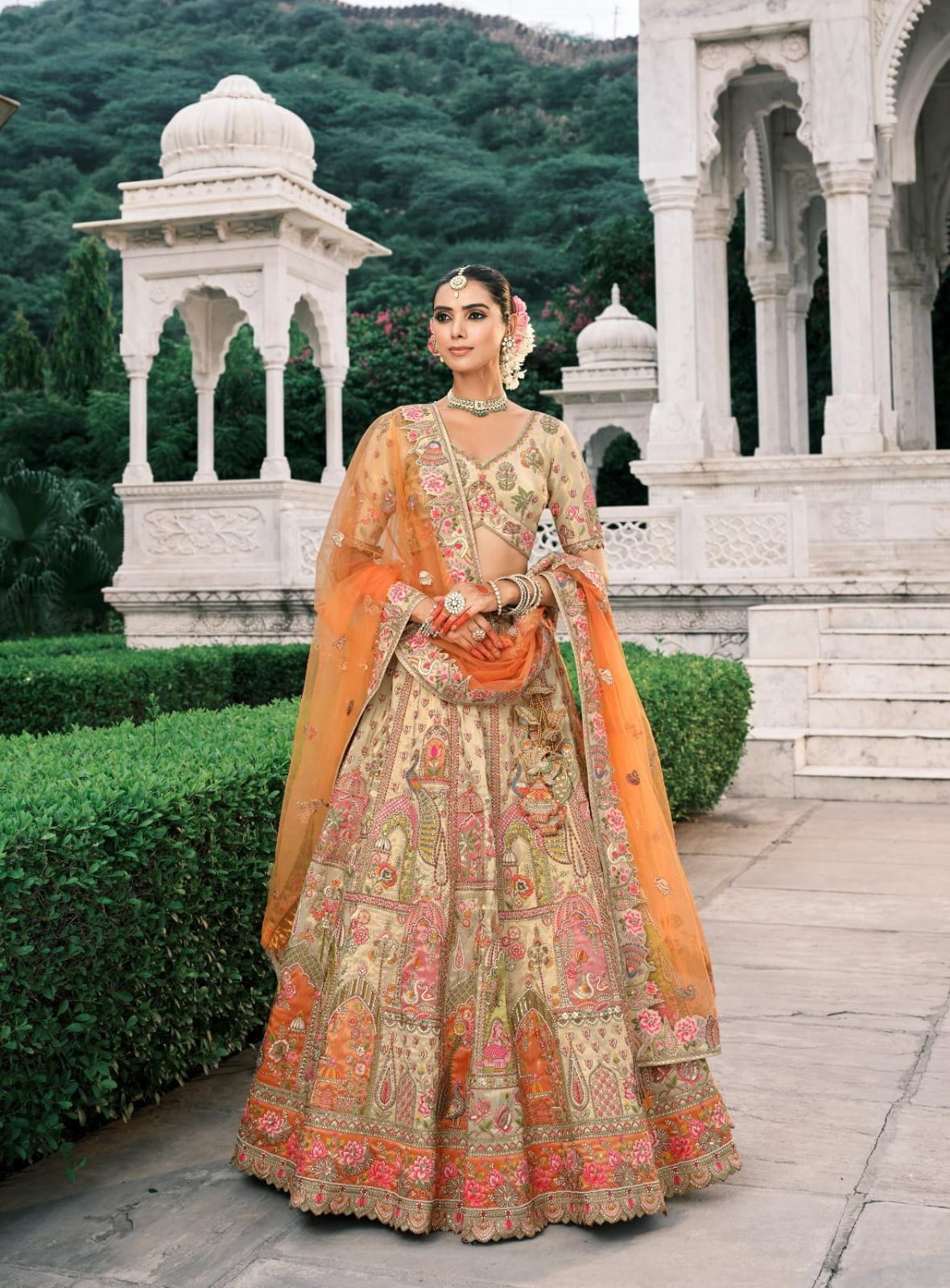 Peach Beige Silk Designer Lehanga