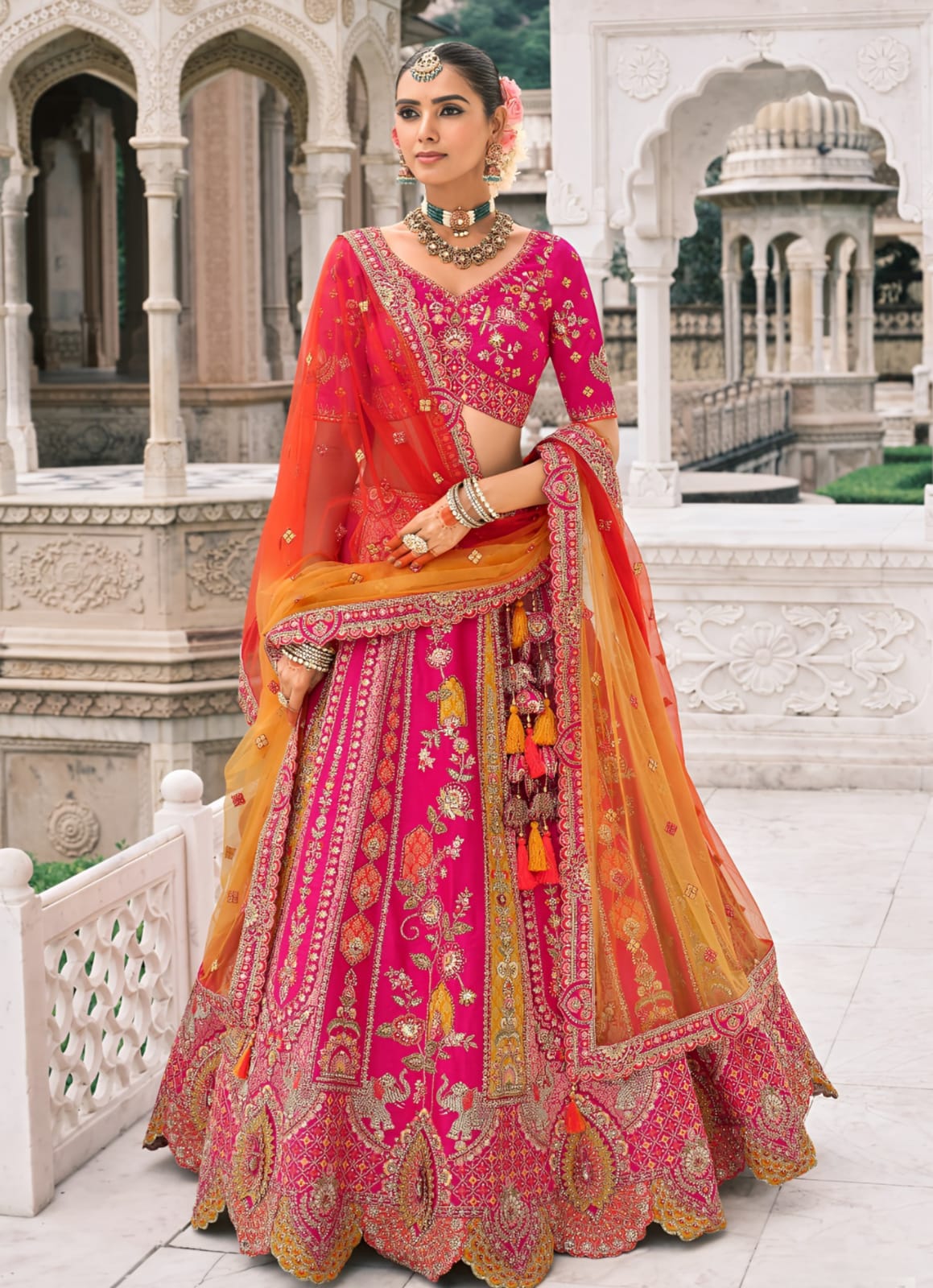 Pink Oange Silk Designer Lehanga