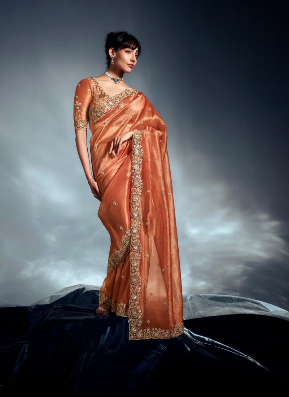 Copper Orange Tissue Organza Embroidered Saree