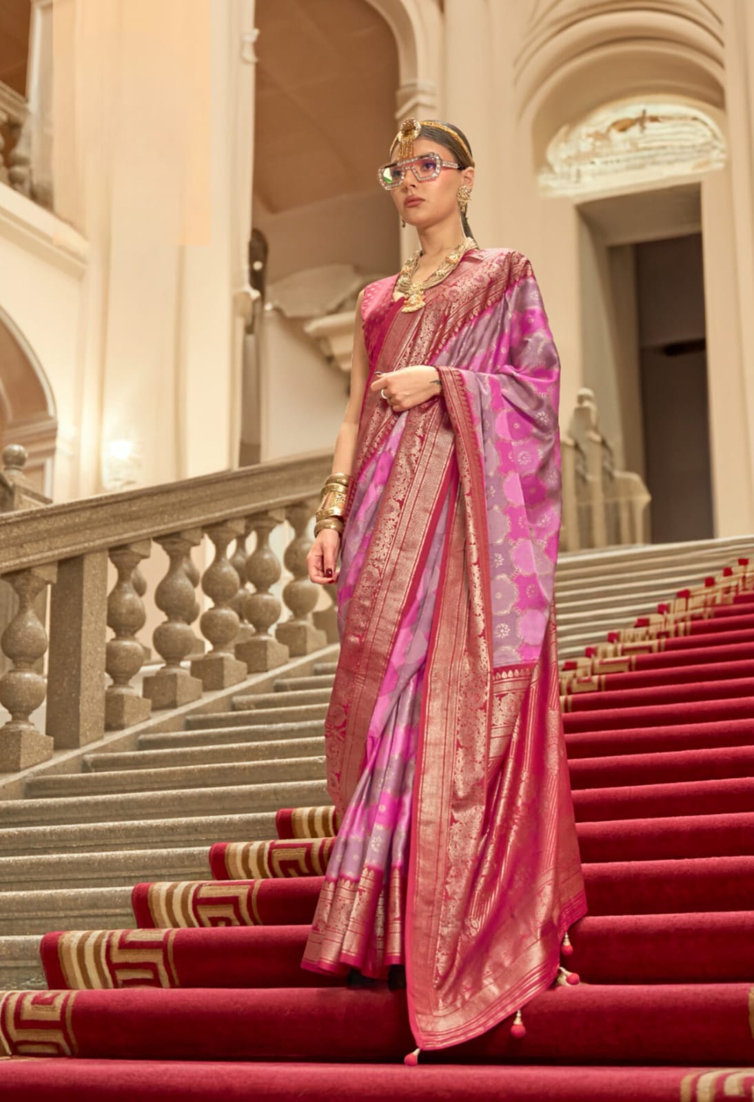 Pink Gold Tone P.V. Gaji Satin H.B Printed Saree