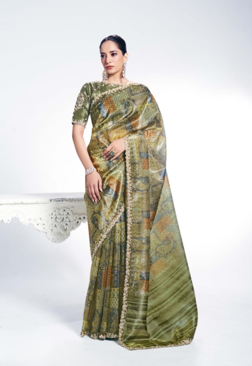 Two Tone Paper Silk Embroidered Stone Handwork Saree