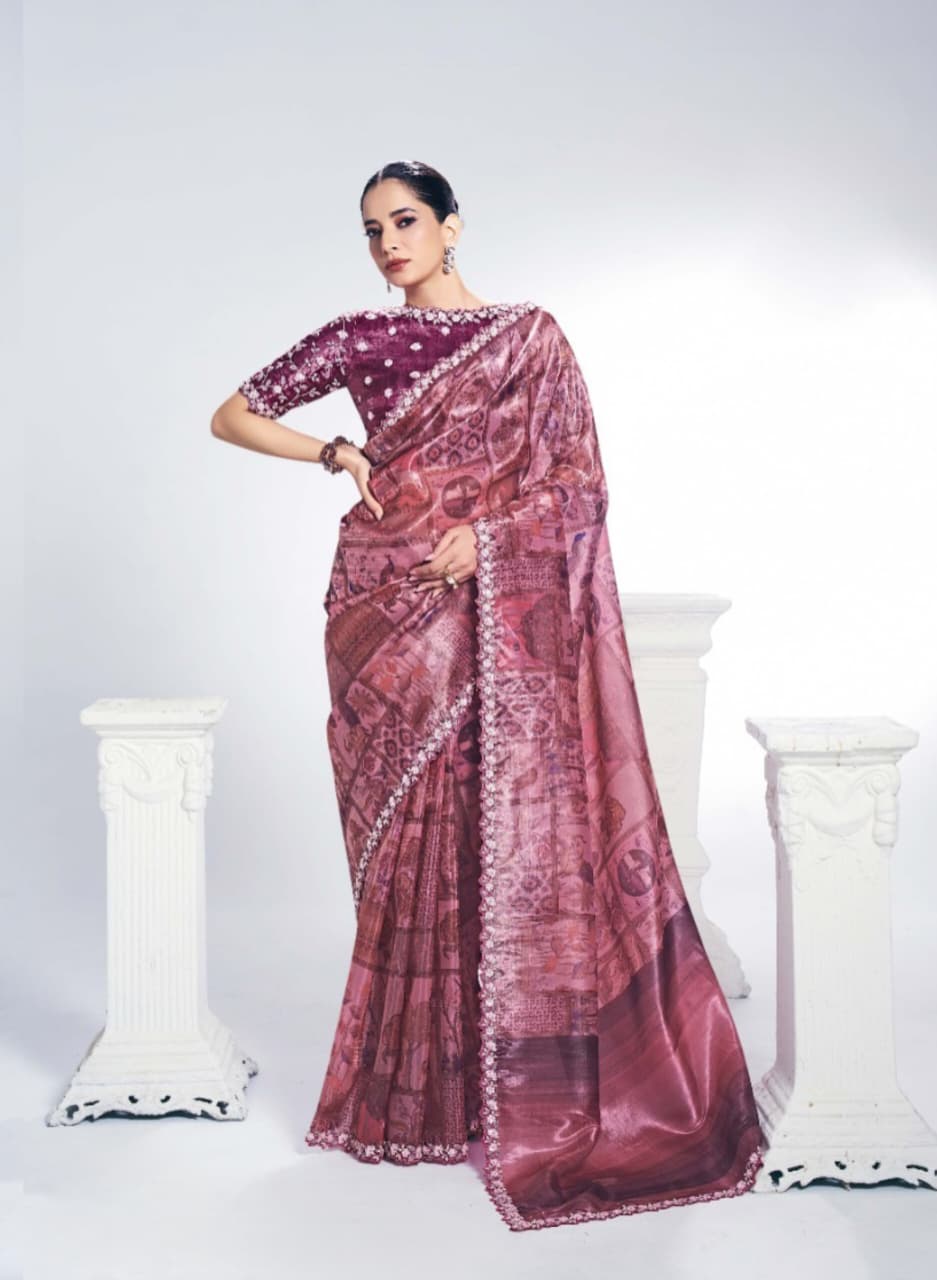 Two Tone Paper Silk Embroidered Stone Handwork Saree