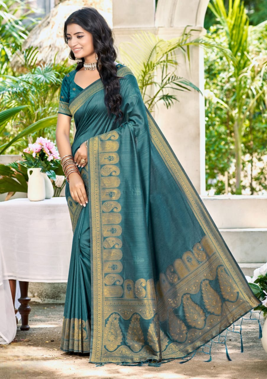 Teal Green Assam Silk Designer Weaving Work Saree