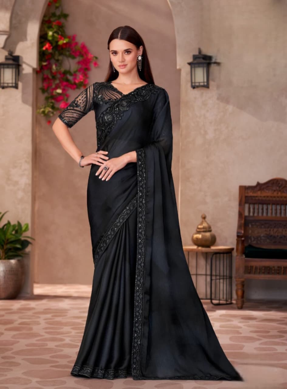 Black Sparkle Shaded Chiffon Sartin Work Saree