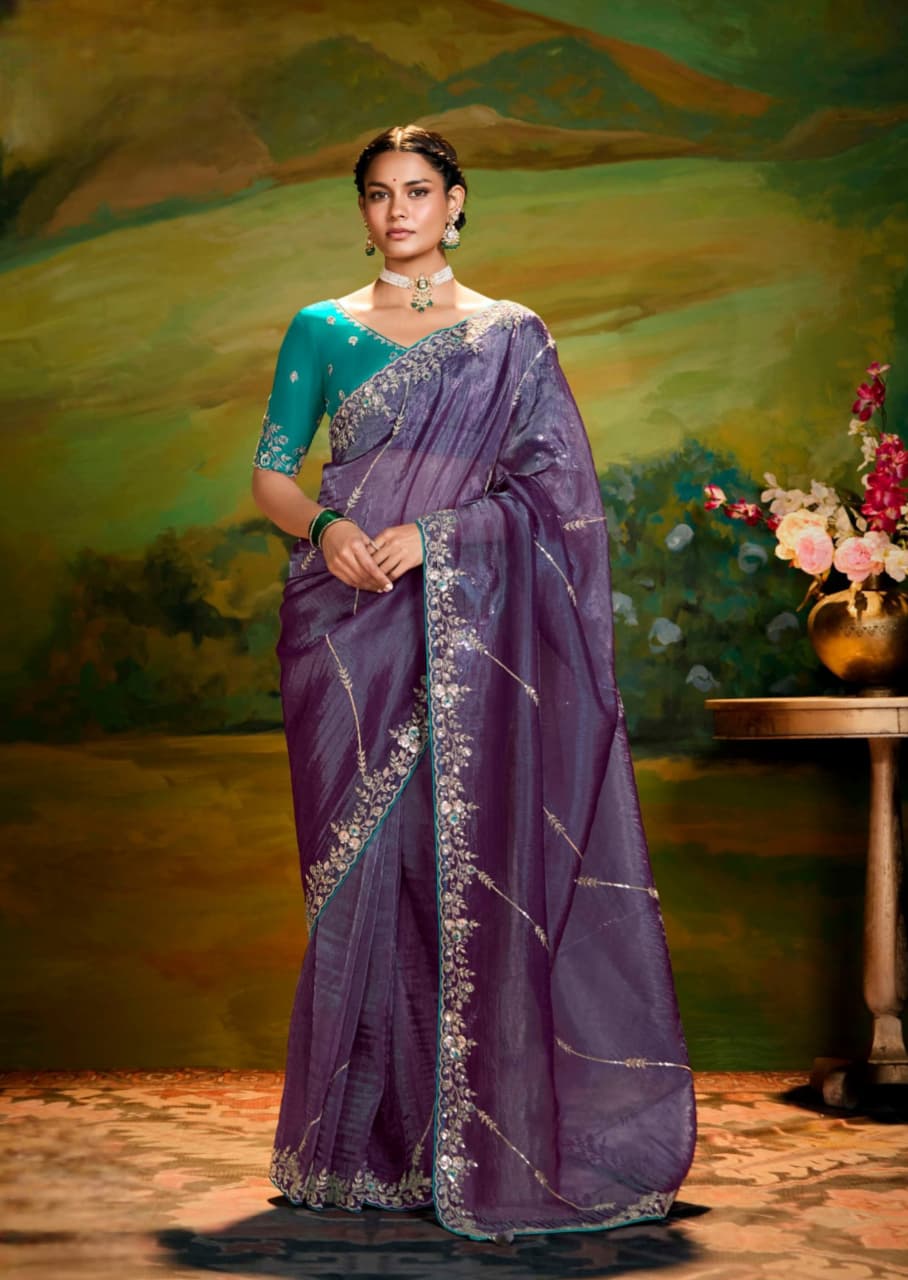Purple Fancy Fabric Embroidery Handwork Designer Cutwork Border Saree