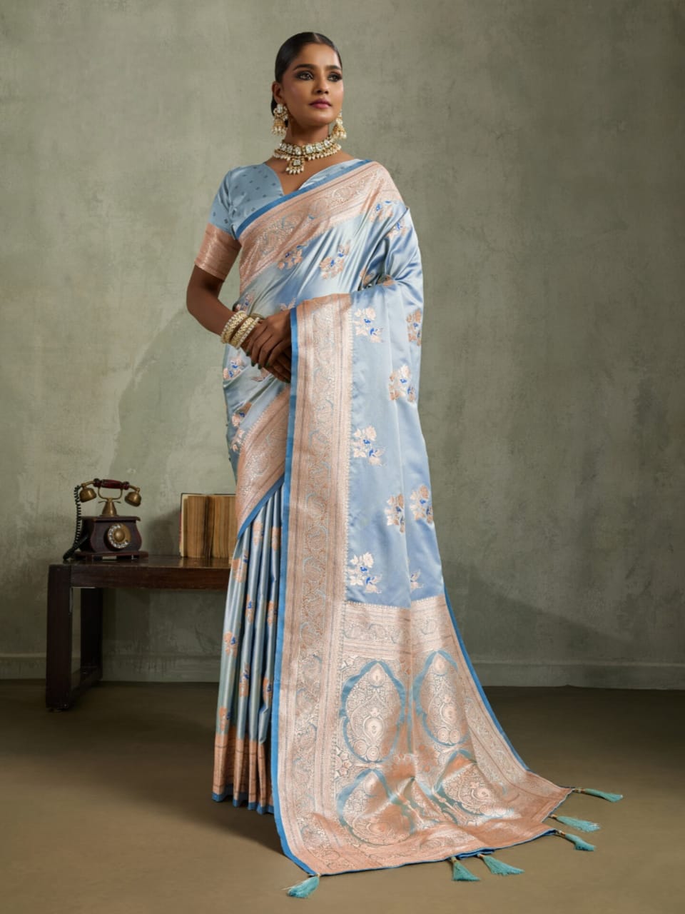 Blue Satin Silk Banarasi Zari Woven Saree