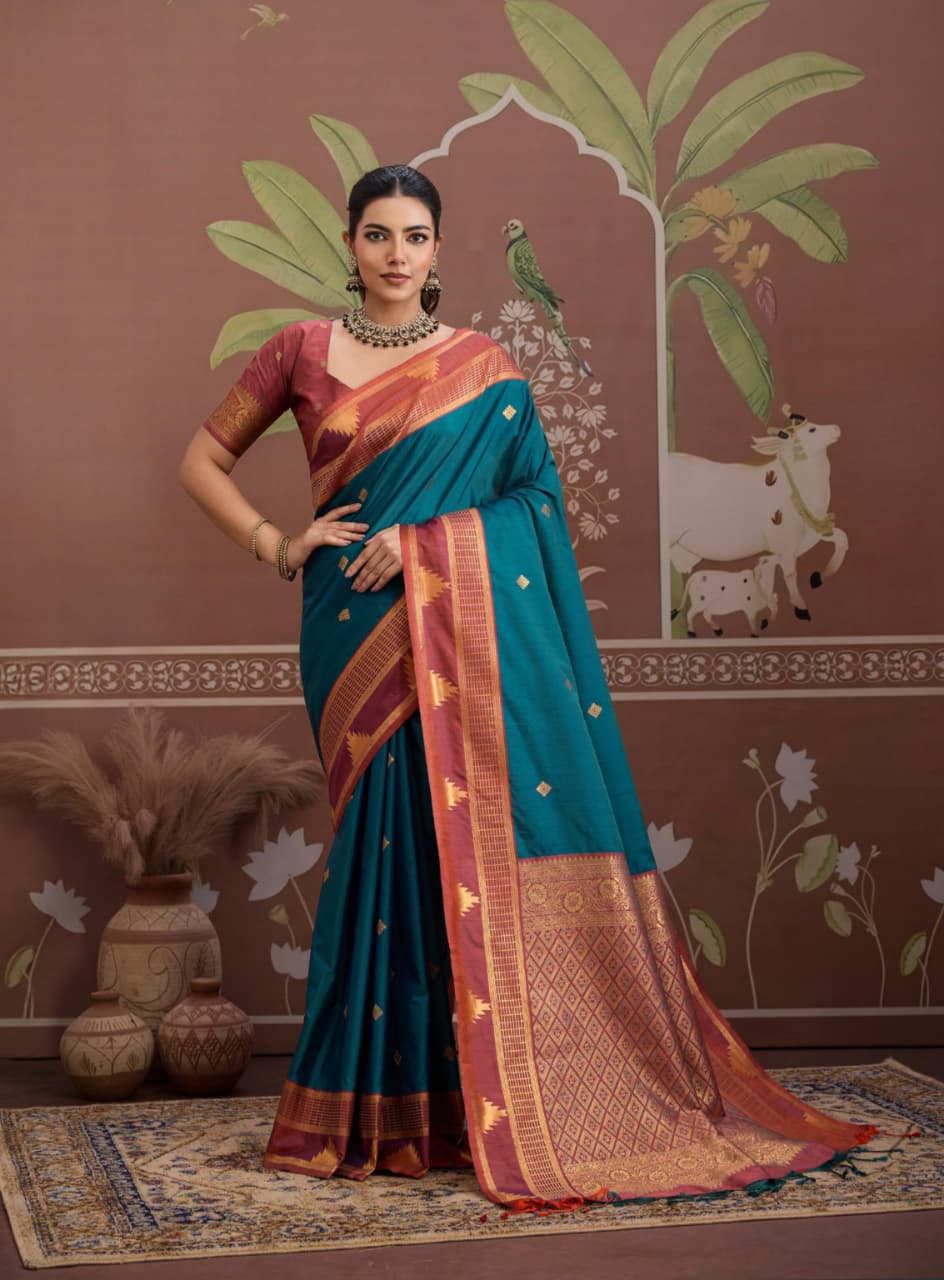 Teal Tussar Silk Handloom Weaving Saree