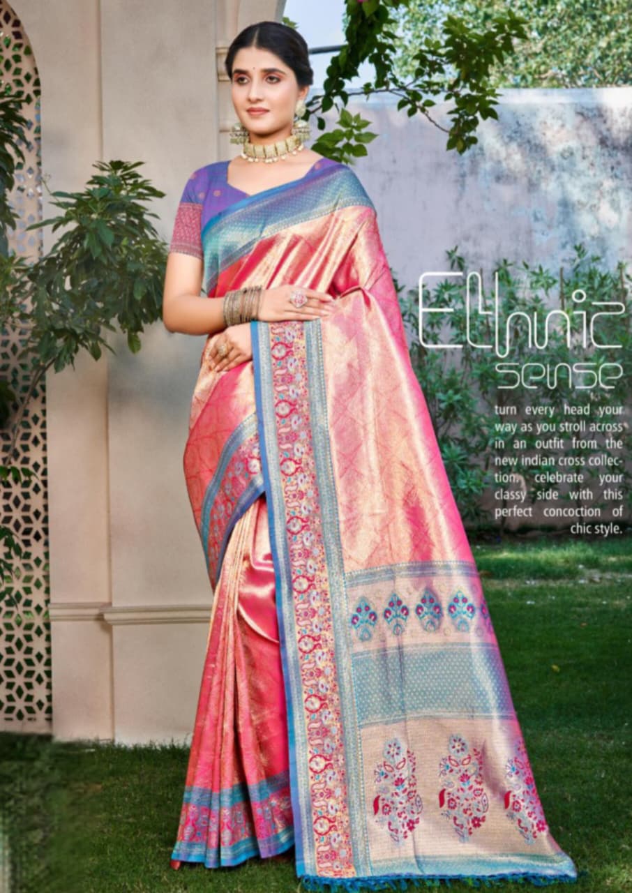 Blue Pink Kanjivaram Silk Weaving Saree