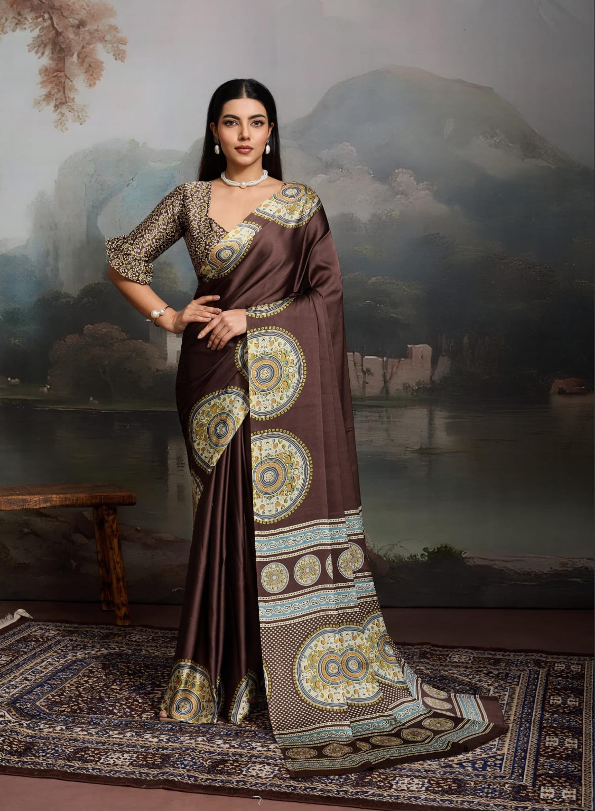 Brown Modal Satin Ajrakh Printed Saree