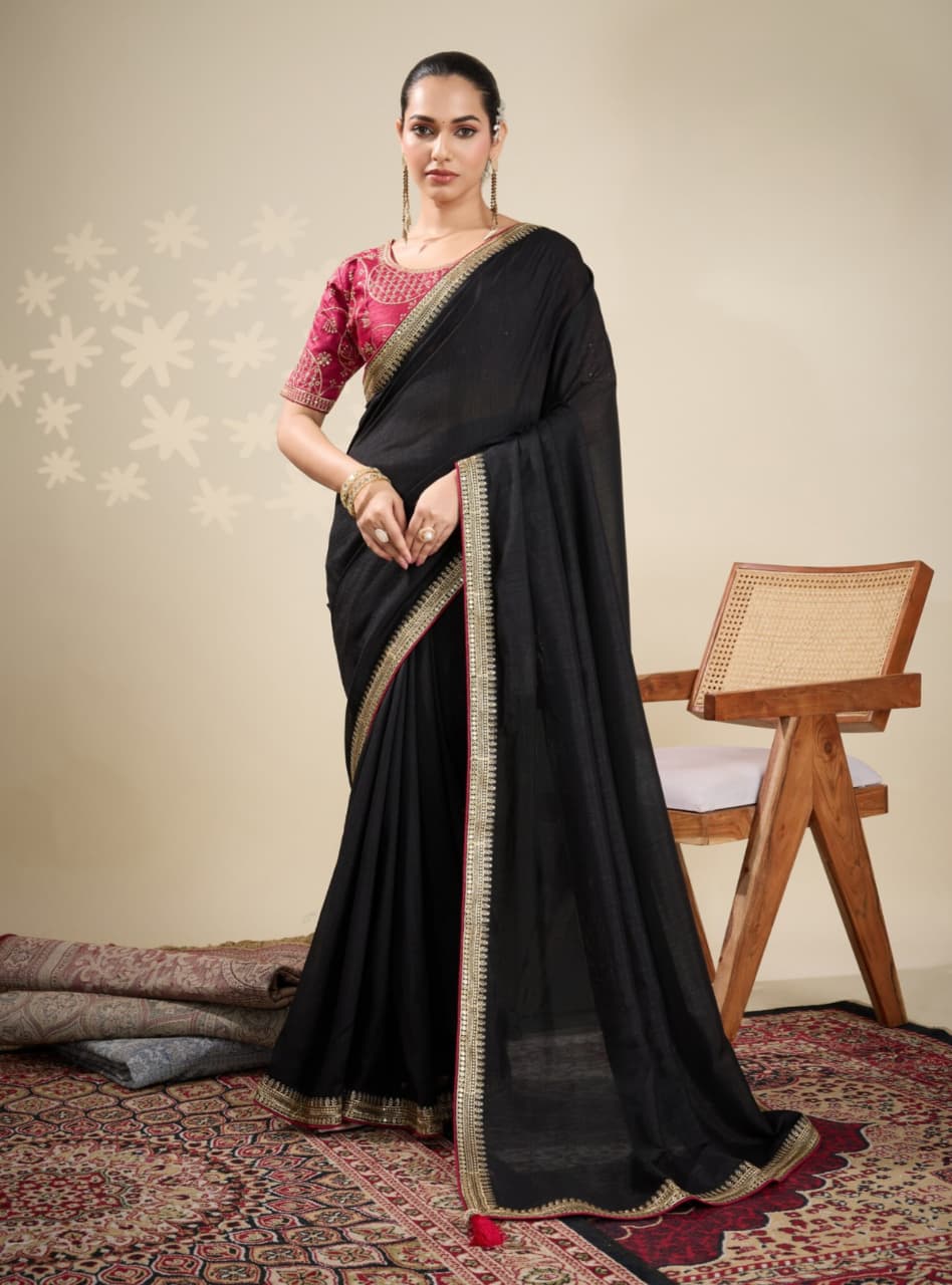 Black Vichitra Embroidered Border Saree