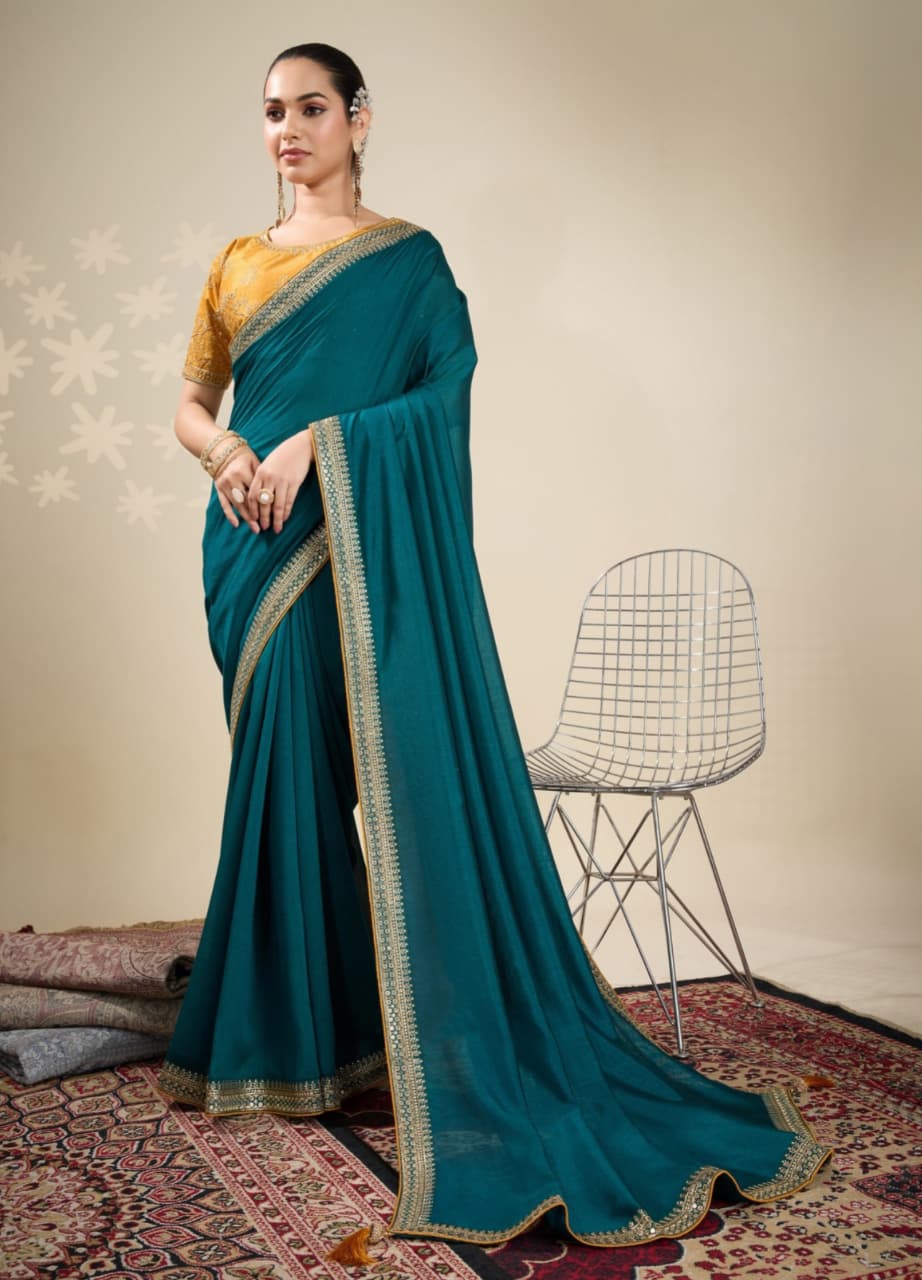 Teal Vichitra Embroidered Border Saree
