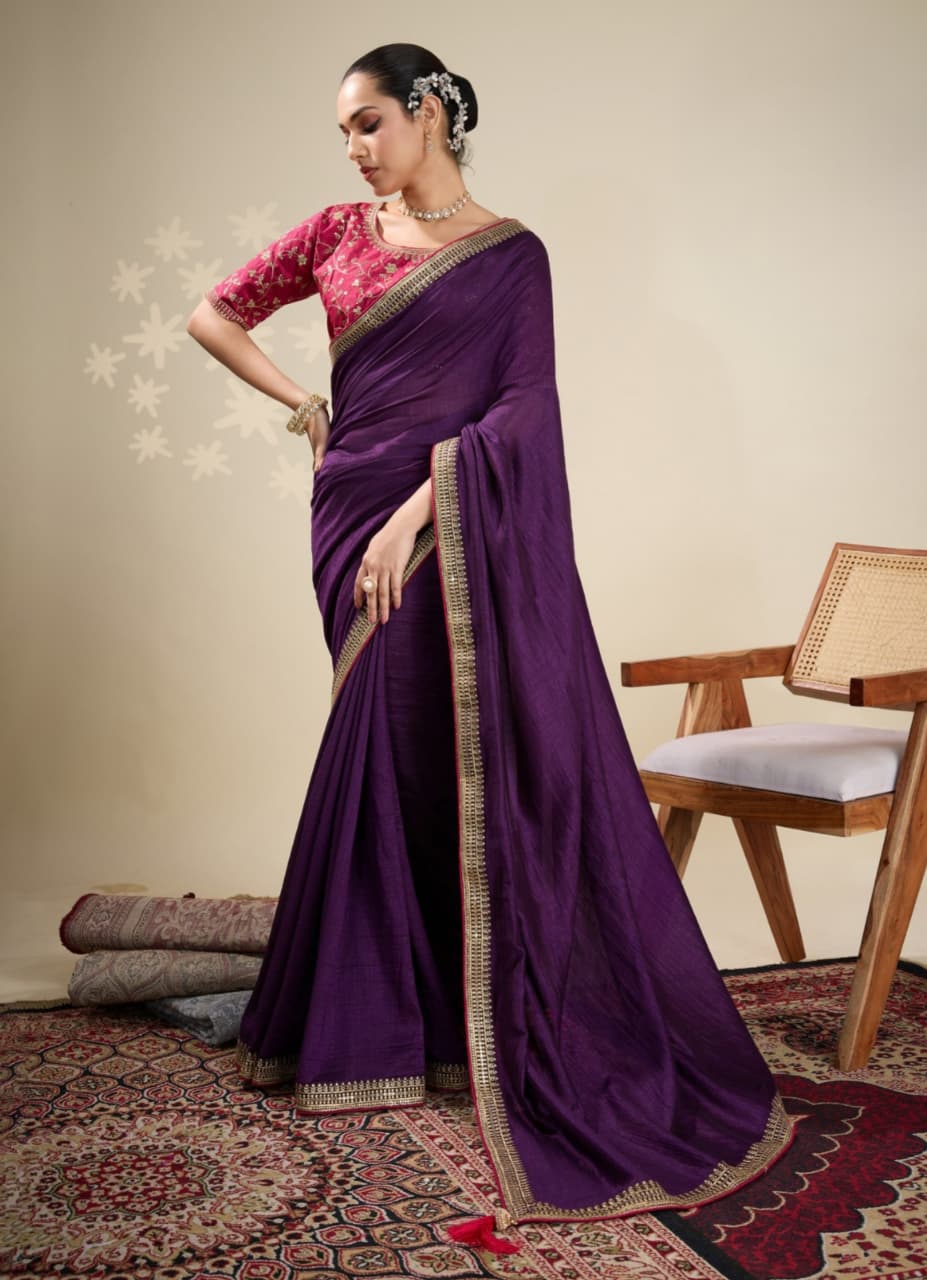 Purple Vichitra Embroidered Border Saree