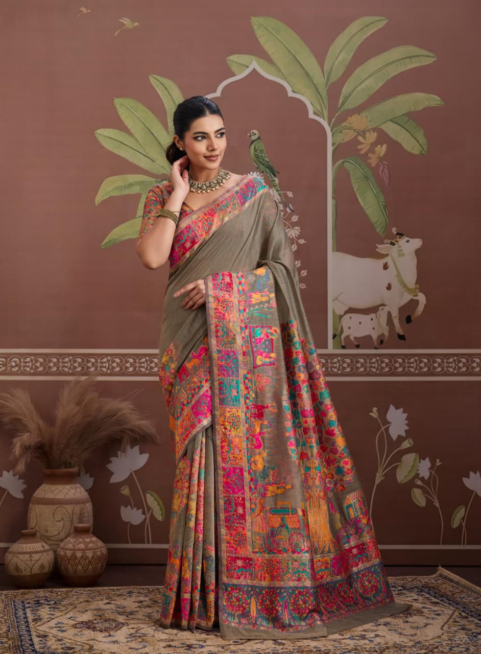 Golden Beige Modal Cotton Pashmina Weaving Saree