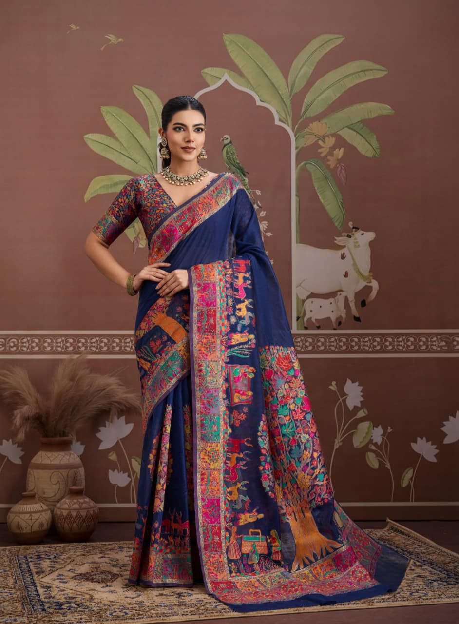 Navy Blue Modal Cotton Pashmina Weaving Saree