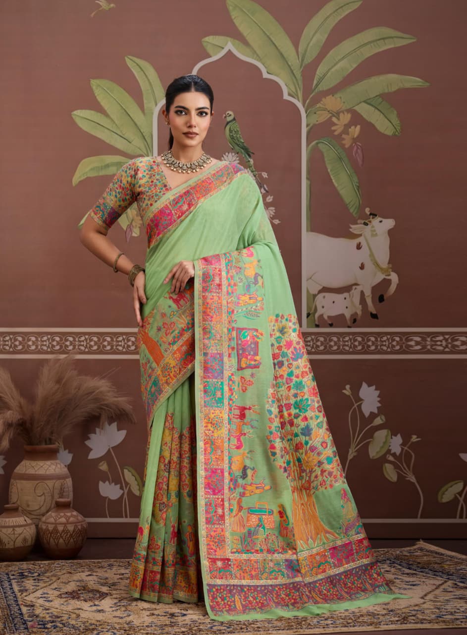 Mint Green Modal Cotton Pashmina Weaving Saree