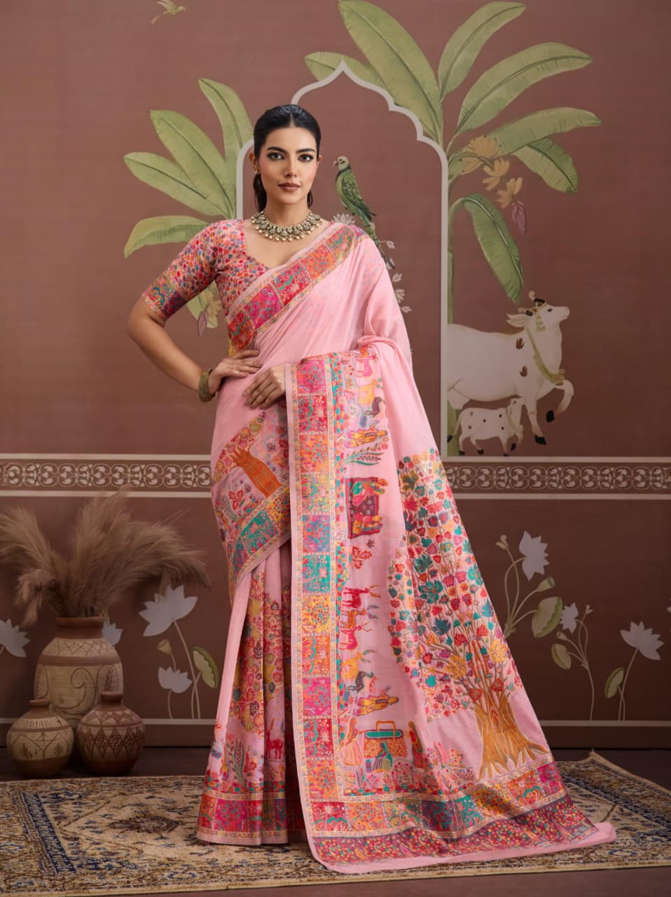 Soft Pink Modal Cotton Pashmina Weaving Saree