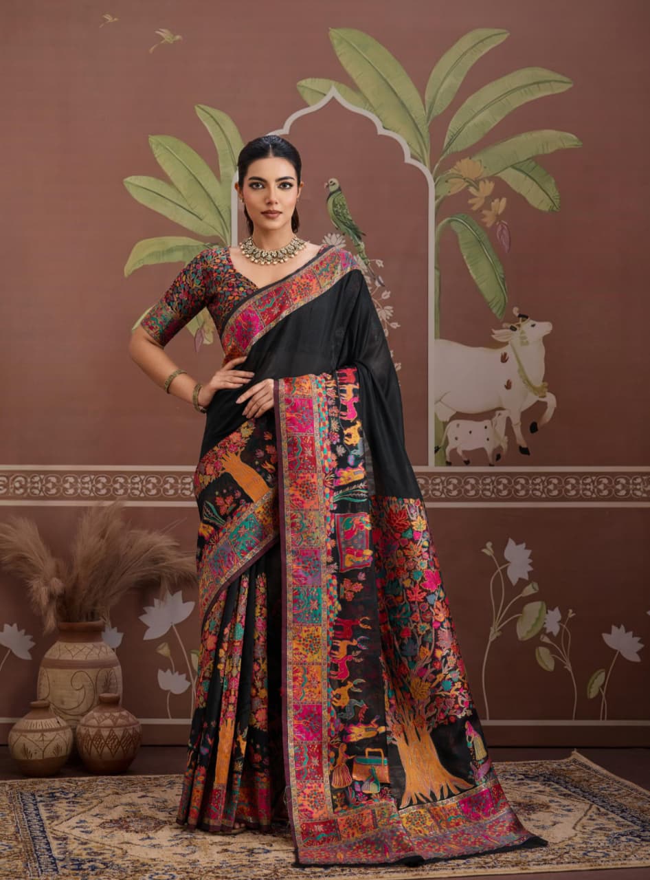 Black Modal Cotton Pashmina Weaving Saree