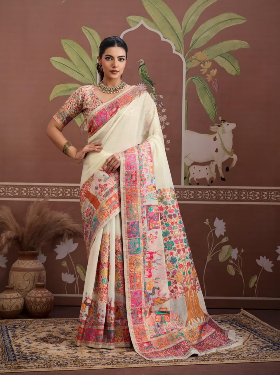 Cream Pink Modal Cotton Pashmina Weaving Saree