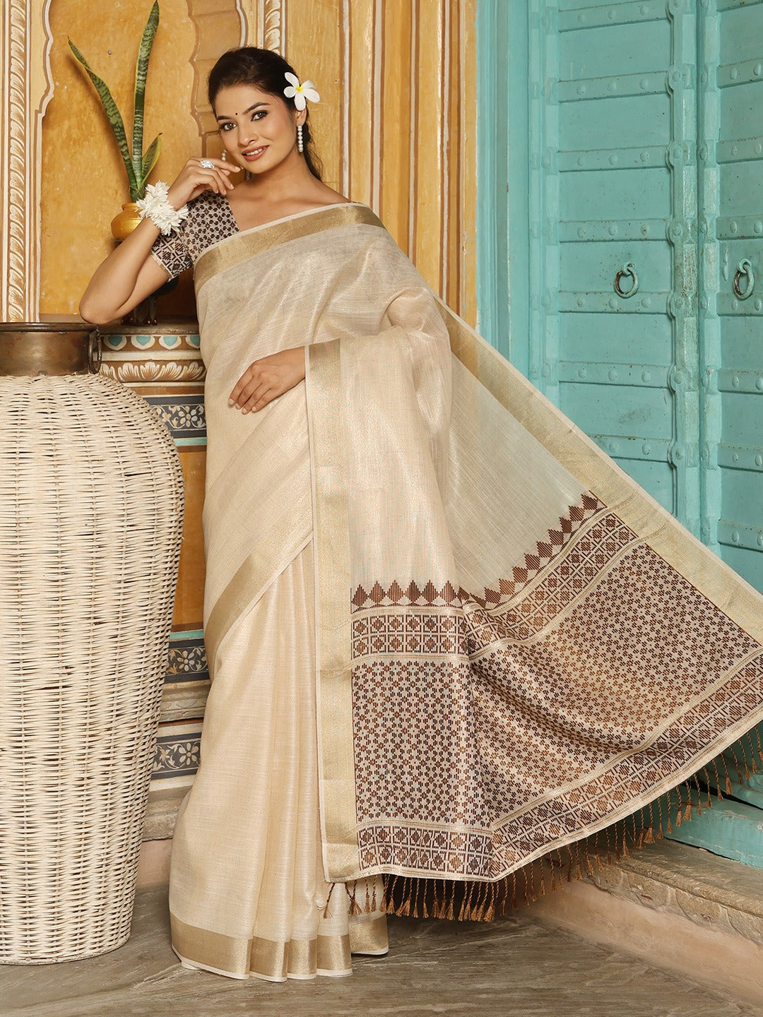 Beige Linen Thread Work Saree