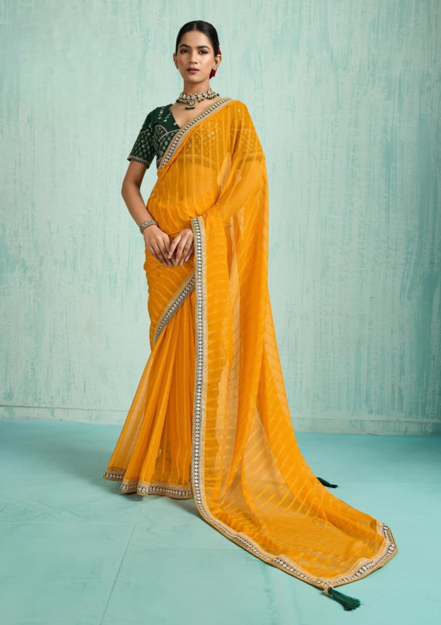 Yellow Chiffon Zari Sequence Border Saree