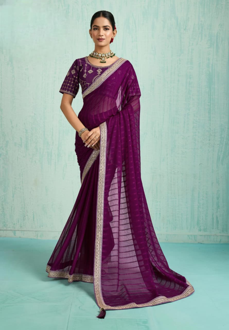 Purple Chiffon Zari Sequence Border Saree