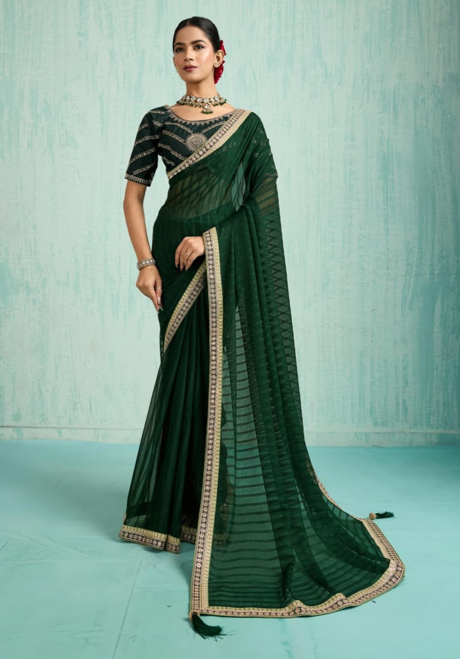 Green Chiffon Zari Sequence Border Saree