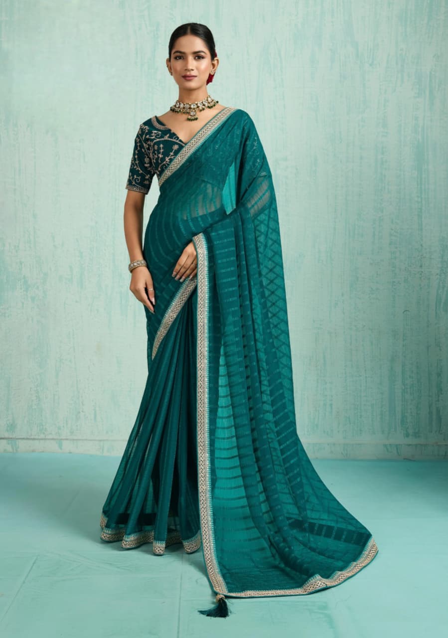 Teal Chiffon Zari Sequence Border Saree