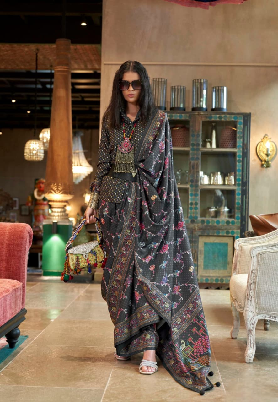 Grey Poly Viscose Silk Printed Saree