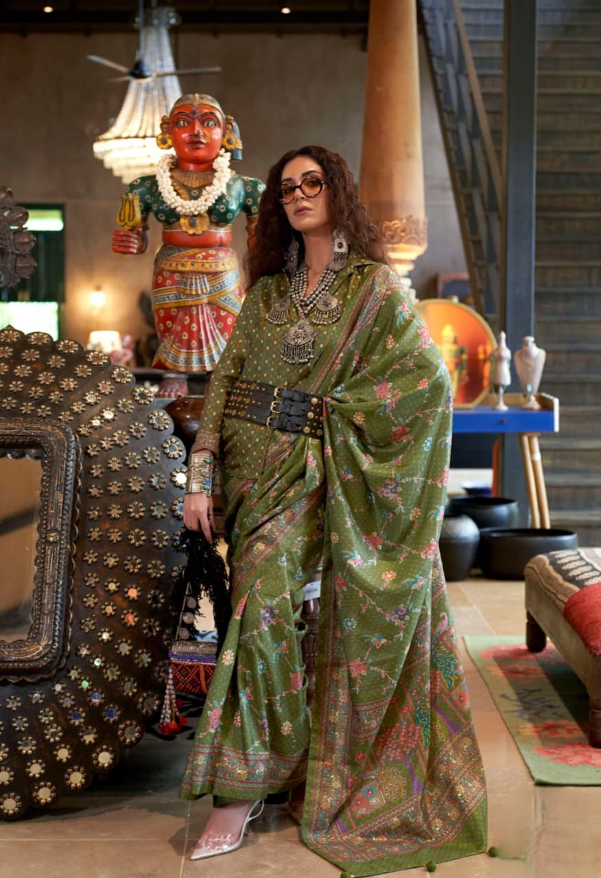 Olive Green Poly Viscose Silk Printed Saree