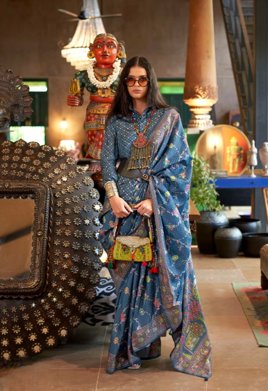 Blue Poly Viscose Silk Printed Saree