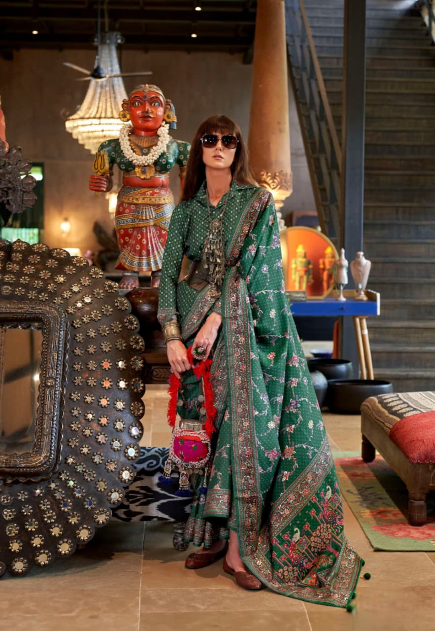 Teal Green Poly Viscose Silk Printed Saree