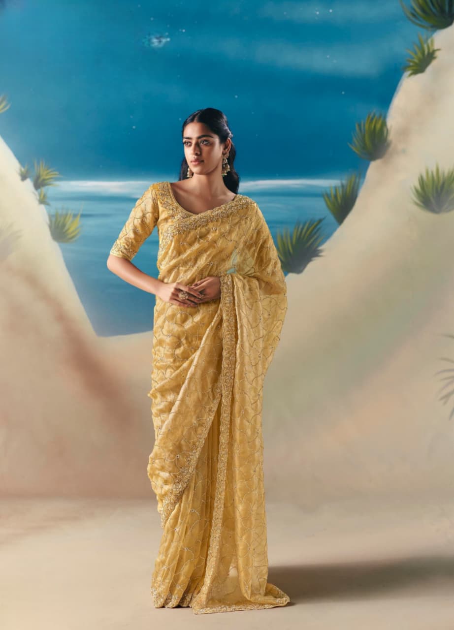 Yellow Satin Organza Embroidered Saree