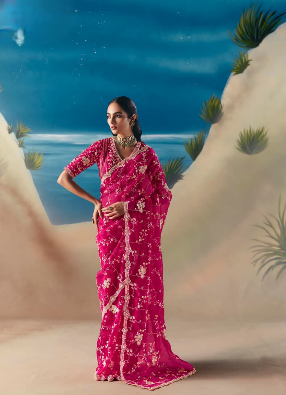Pink Satin Organza Embroidered Saree