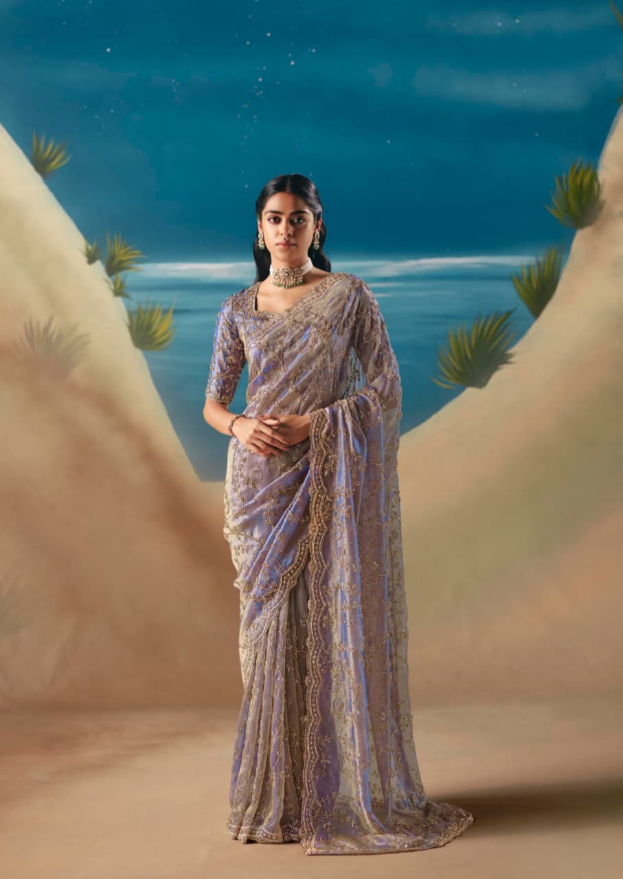 Lavender Satin Organza Embroidered Saree