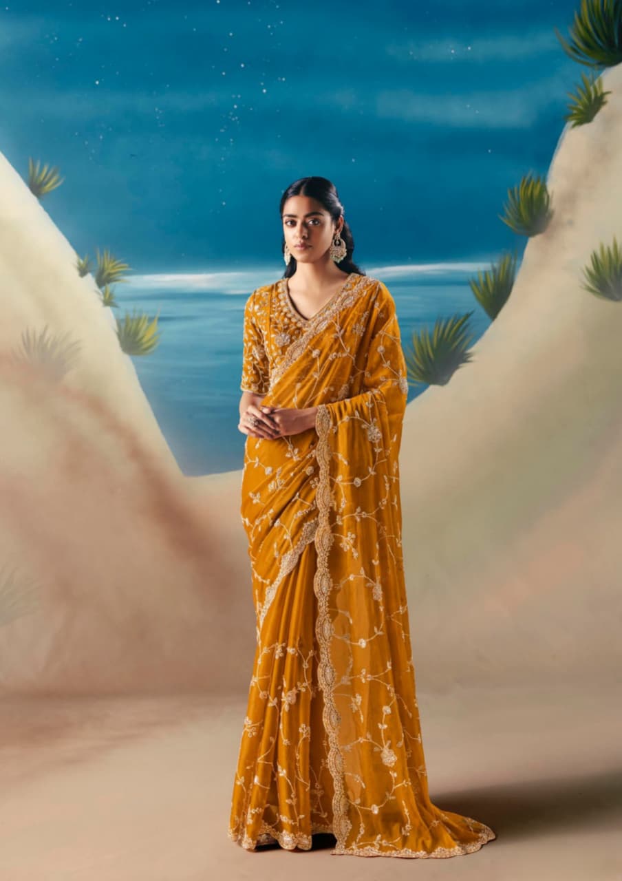 Mustard Yellow Satin Organza Embroidered Saree