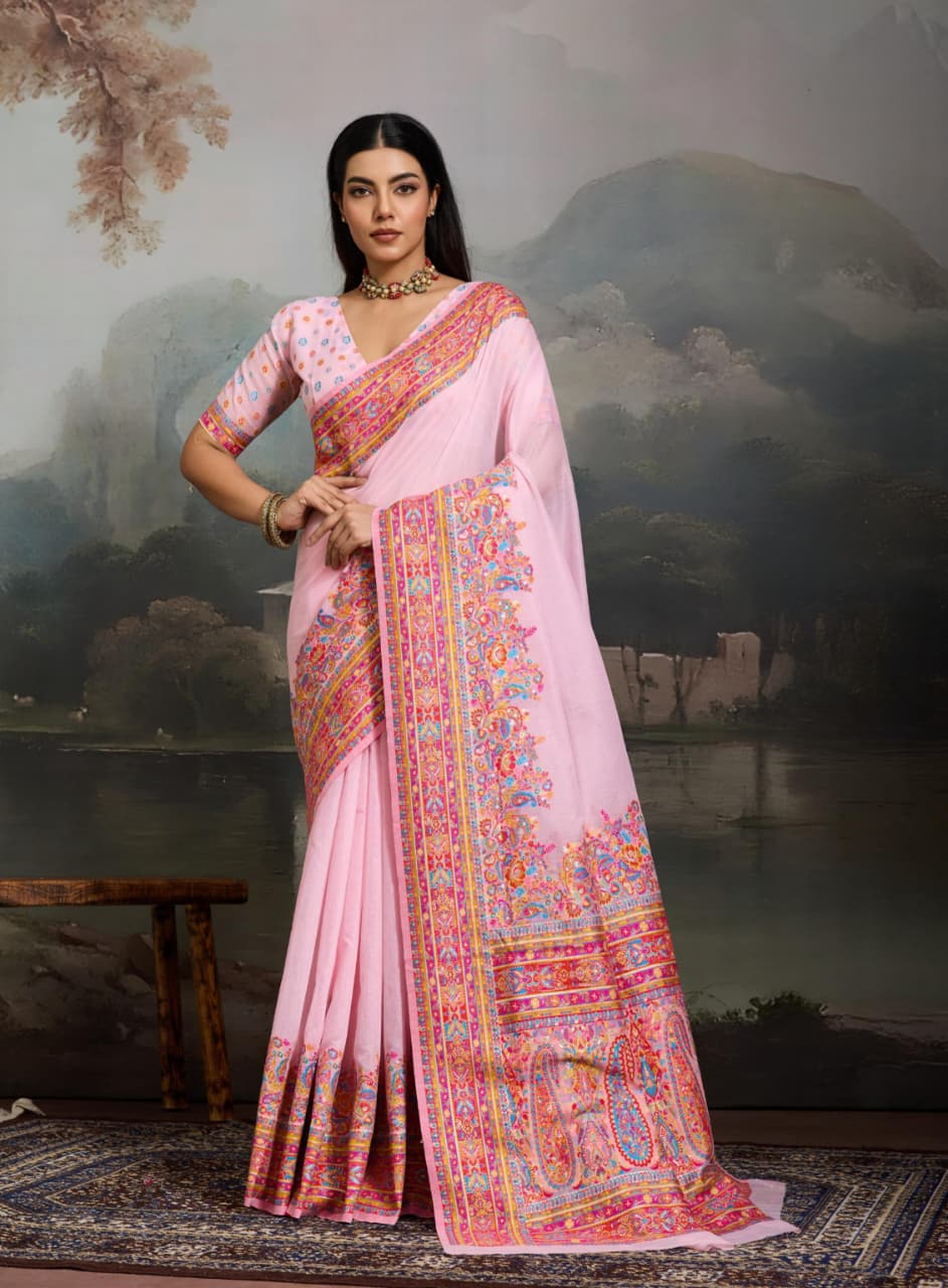 Baby Pink Modal Cotton Pashmina Weaving Saree