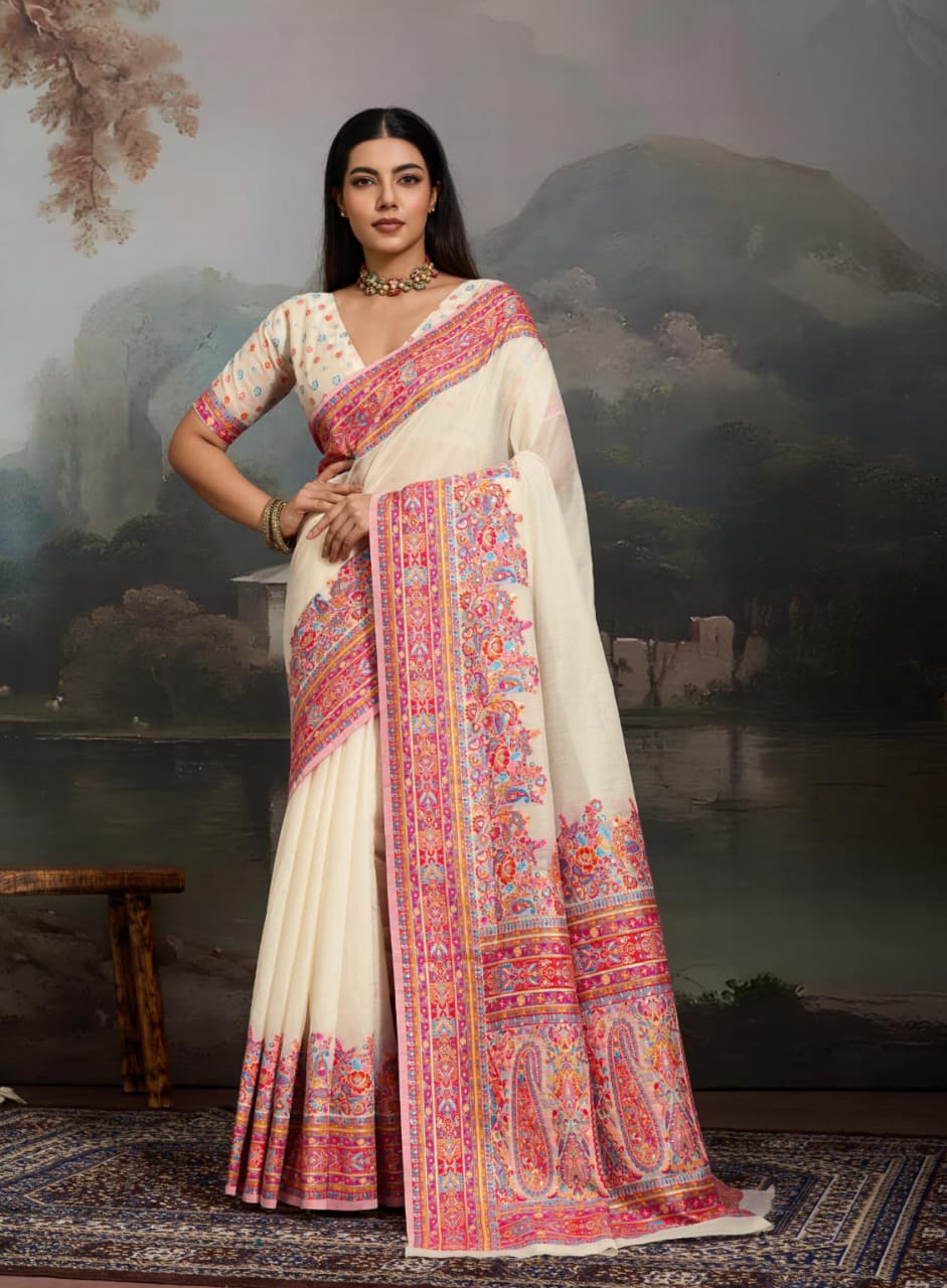 Off White Modal Cotton Pashmina Weaving Saree