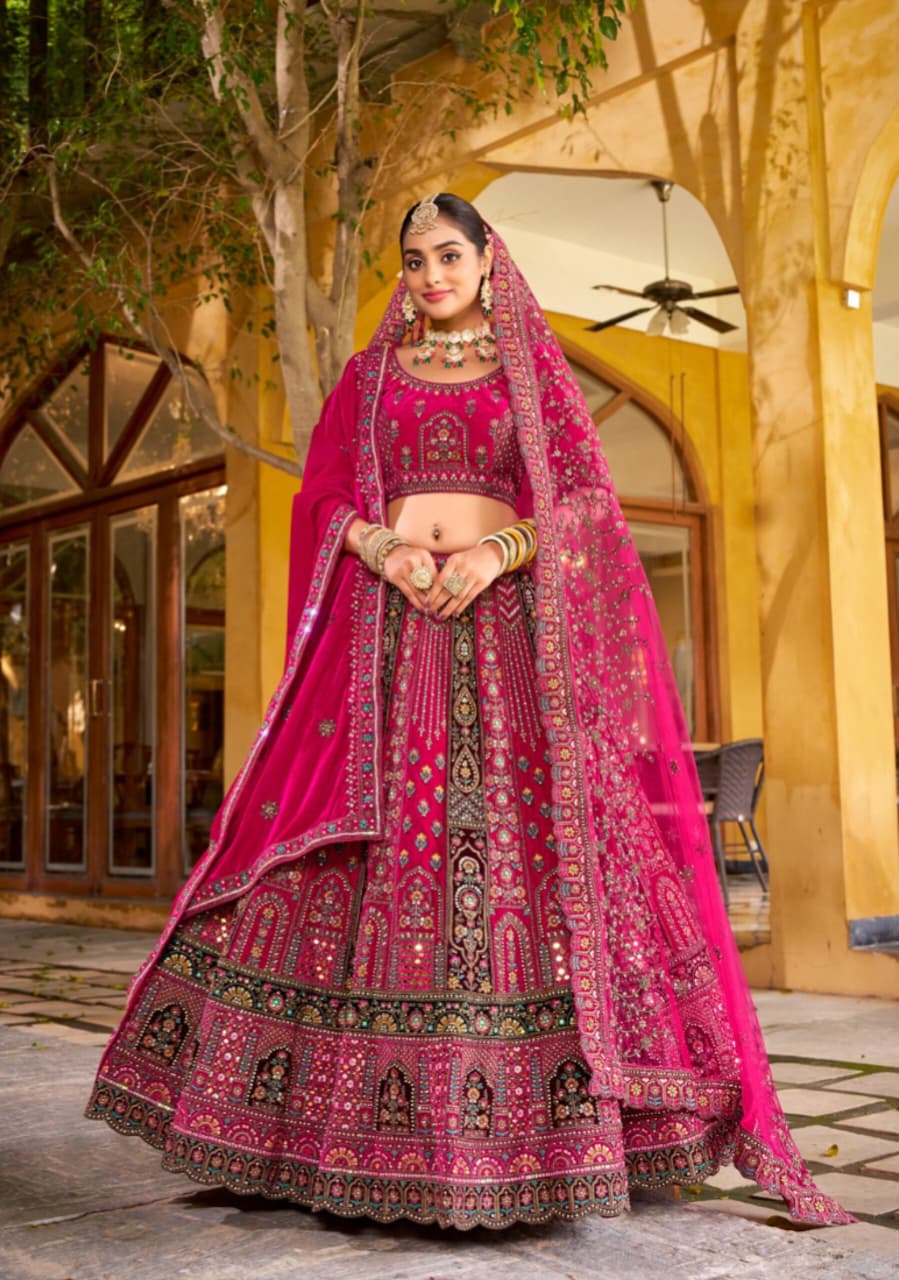 Rani Pink Premium Velvet Mirror Handwork Bridal Lehenga