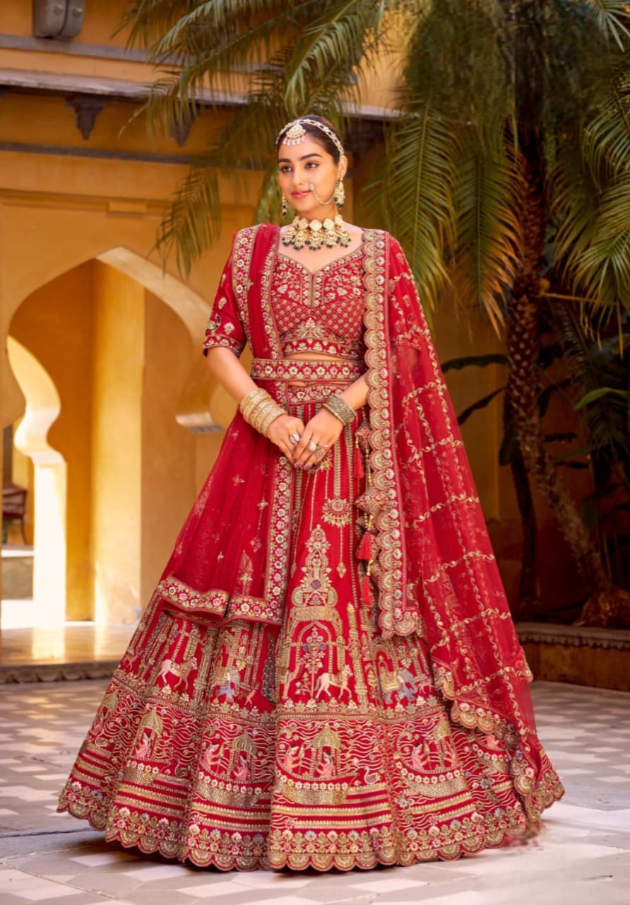 Red Premium Silk Mirror Handwork Bridal Lehenga