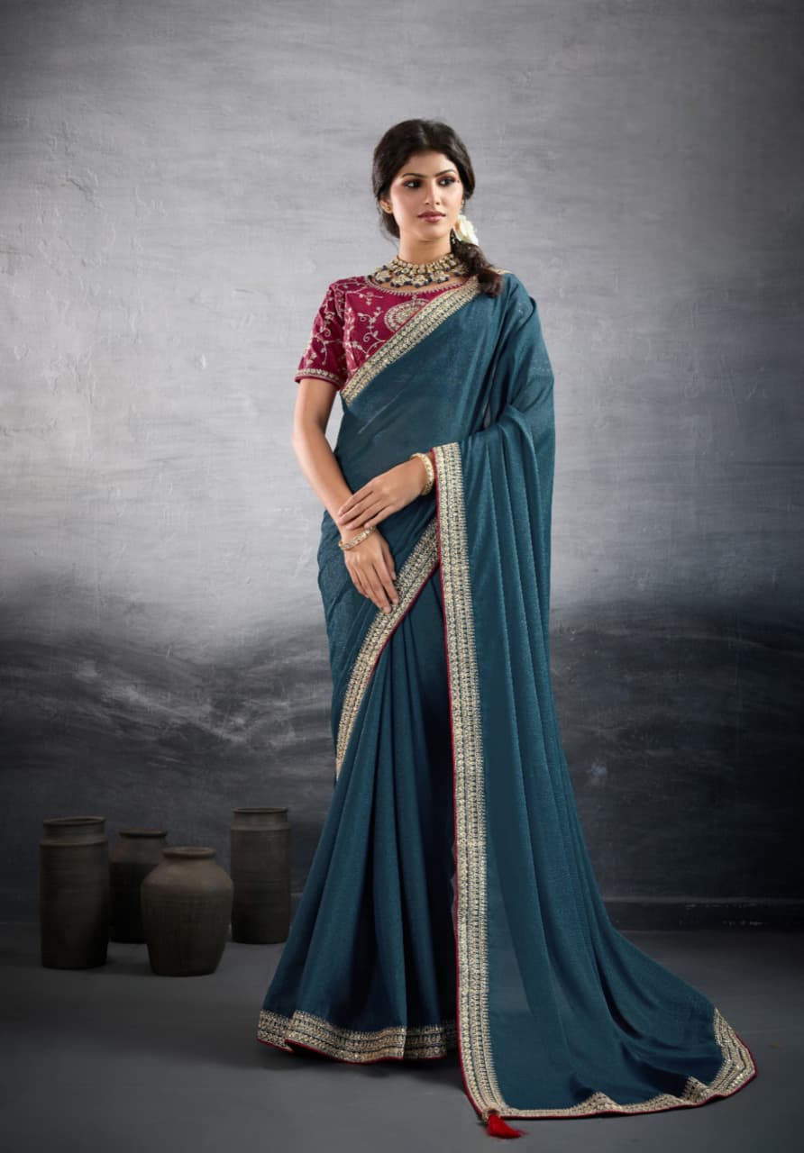 Teal Blue Georgette Heavy Border Saree