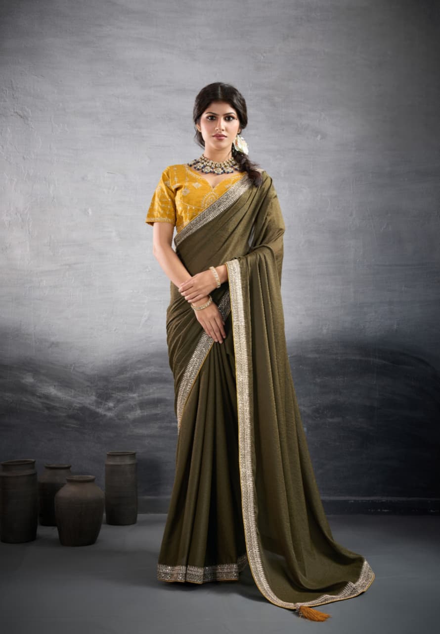 Olive Green Georgette Heavy Border Saree